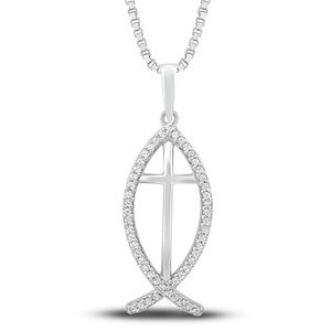 NEW! Diamond Ichthys Necklace 1/10 ct tw Round-cut Sterling Silver 18"